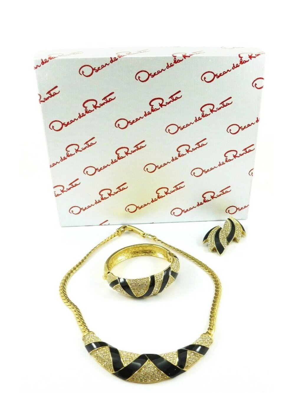 Oscar de la Renta 3 Pc Necklace Bracelet Earrings Enamel Runway Red Carpet Ready